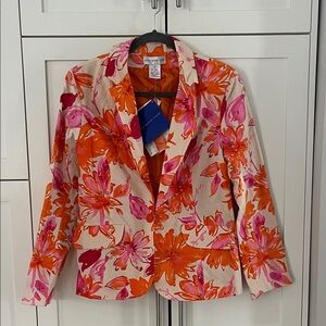 NWT Susan Graver Floral Blazer Size 12 Orange and Pink on Beige Background